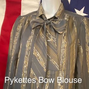 VTG 70s 80s Sz 12 Pykettes Pussy Bow Blouse Slate Blue Gold Long Sleeve